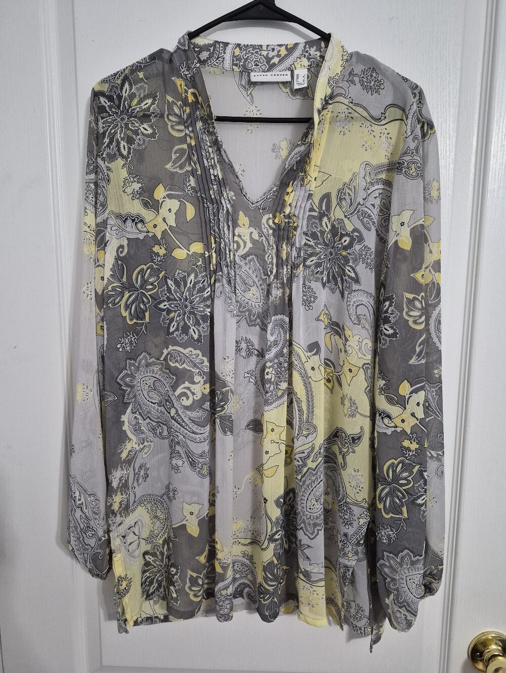 Susan Graver Sheer Grey And Yellow Paisley Print Blouse Size Large